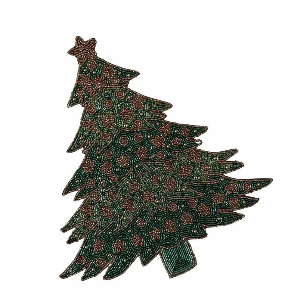 2pc Nicole Miller Beaded Christmas Tree Placemats Green Gold Holiday Glam NEW